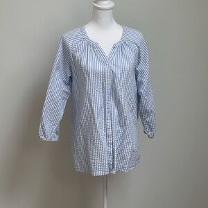 Blue and White Striped Seersucker Button-Up Blouse